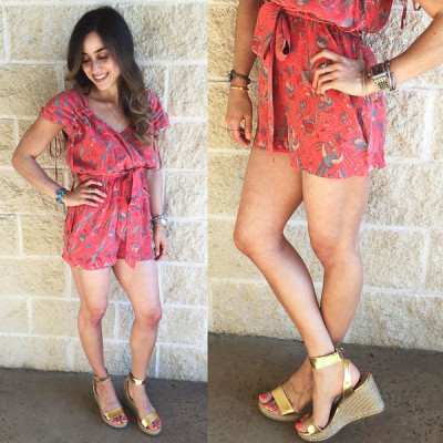 Coral Printed Romper - We LOVE rompers! This silk printed romper is so comfy and lightweight and can be dressed up or down! | Double Dose Fitness