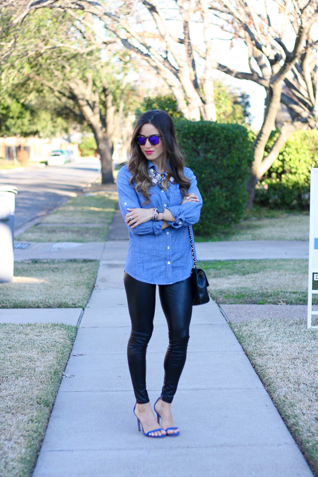 Chambray Button Up- our favorite way to dress up a denim button up with liquid leggings and a statement necklace | adoubledose.com