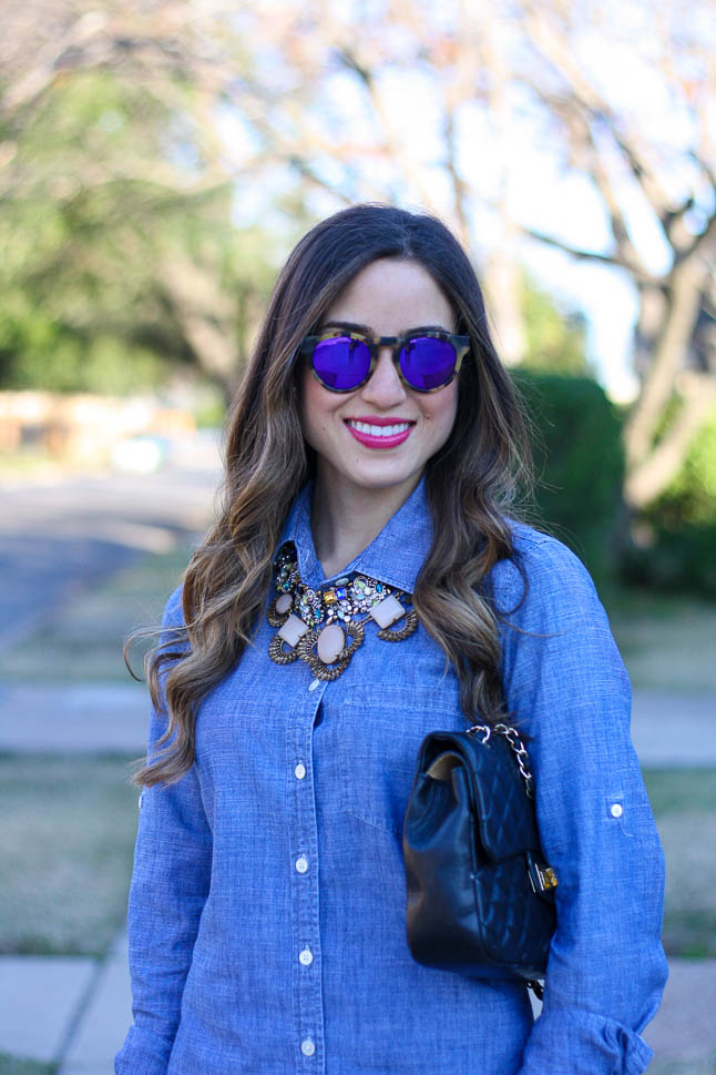 Chambray Button Up- our favorite way to dress up a denim button up with liquid leggings and a statement necklace | adoubledose.com