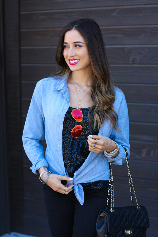 Chambray + Sequin tank for a dressed up causal look | adoubledose.com