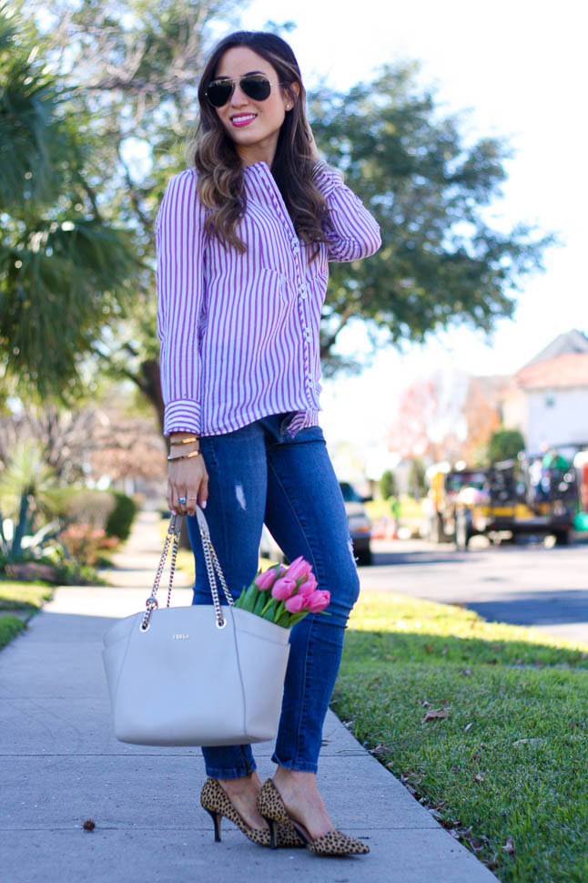 Purple Striped Shirt - the perfect spring button up paired with leopard heels and ripped jeans | adoubledose.com