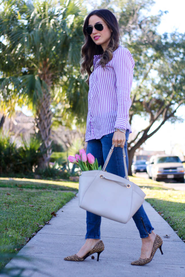 Purple Striped Shirt - the perfect spring button up paired with leopard heels and ripped jeans | adoubledose.com