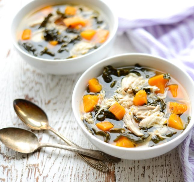Slow Cooker Chicken, Kale, and Sweet Potato Stew - Double Dose of Fitness | adoubledose.com