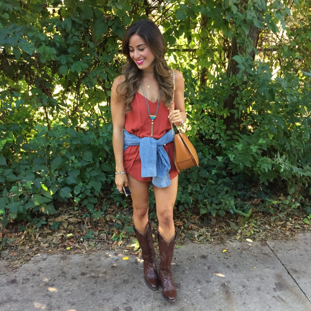 romper and cowgirl boots