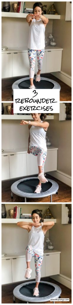 fitness blogger using a small rebounder/mini trampoline in floral printed workout leggings from Fabletics and a white tank sharing a workout at home | adoubledose.com