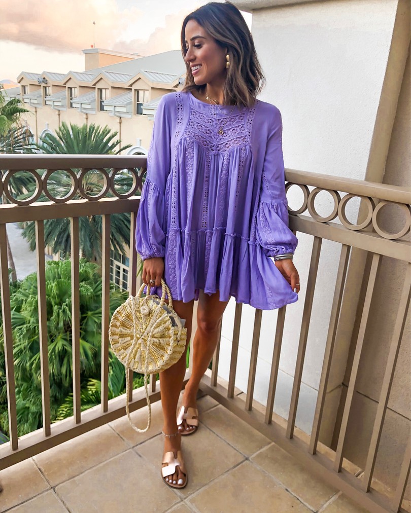 fashion blogger wearing purple free people kiss kiss tunic and sole society round straw bag 