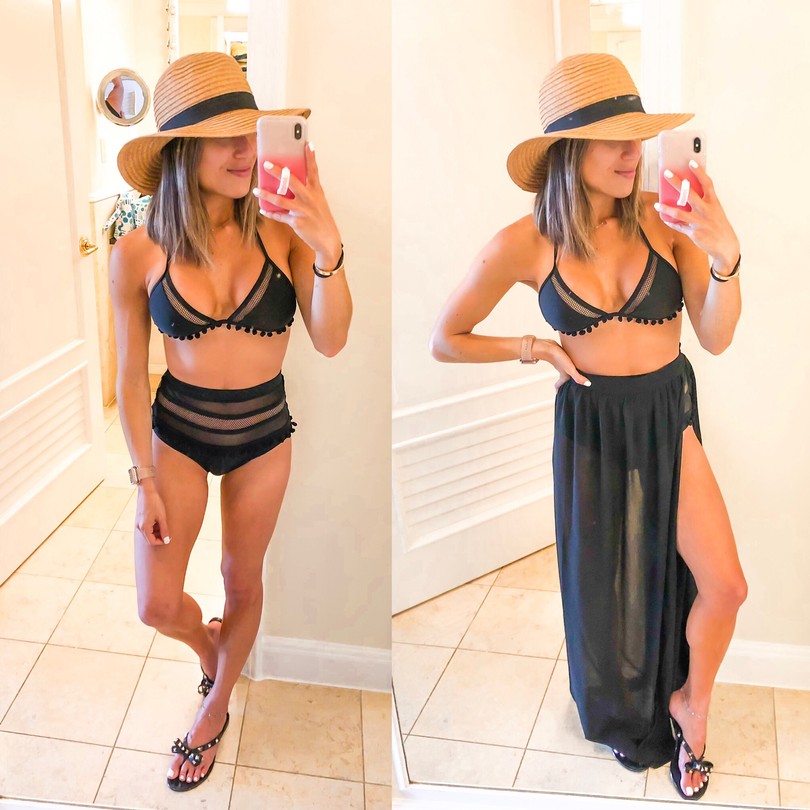 fashion blogger wearing a black pom pom bikini high waisted with a black maxi skirt cover up with rocsktud black sandals