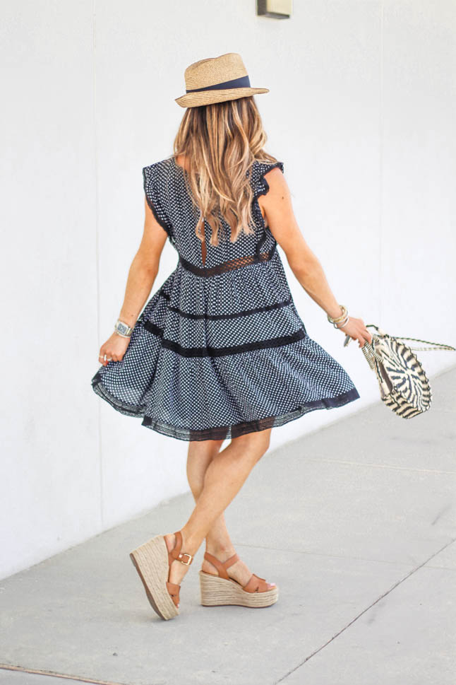 fashion blogger wearing a free people flowy dress with sam edelman neutral wedges with a round straw bag | adoubledose.com
