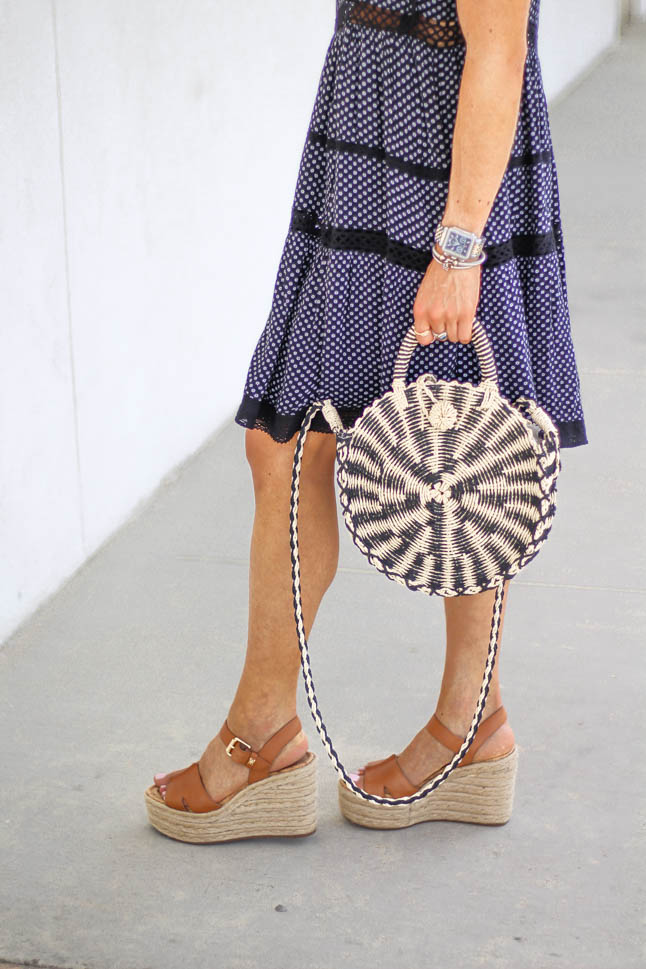 fashion blogger wearing a free people flowy dress with sam edelman neutral wedges with a round straw bag | adoubledose.com