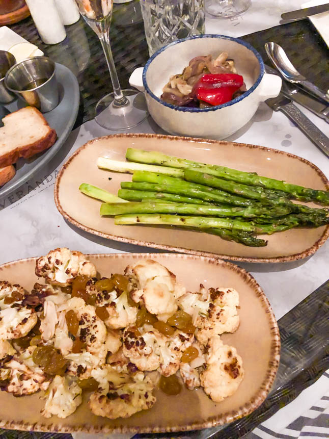 roasted asparagus, cauliflower, mushrooms, brussels sprouts at Papagallo Restaurant in Grand Cayman