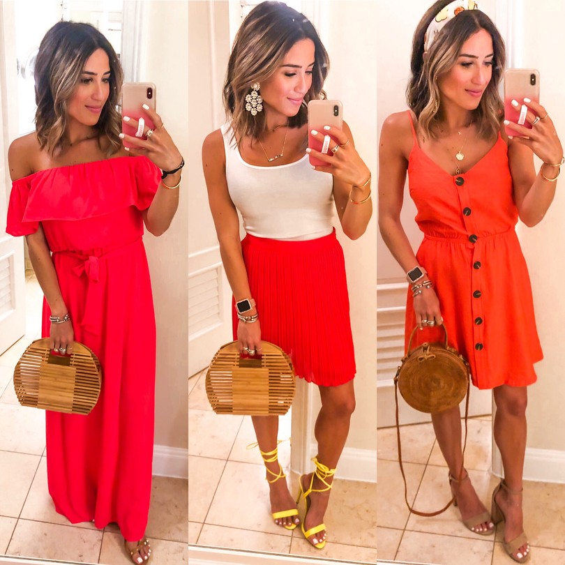 fashion blogger wearing a red maxi, a read pleated skirt, and a red button dress