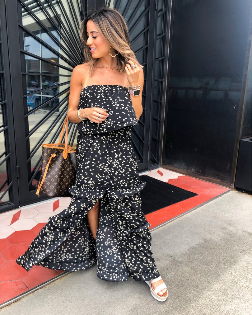 fashion blogger wearing black heart print maxi dress from shein with sole society platform shoes 