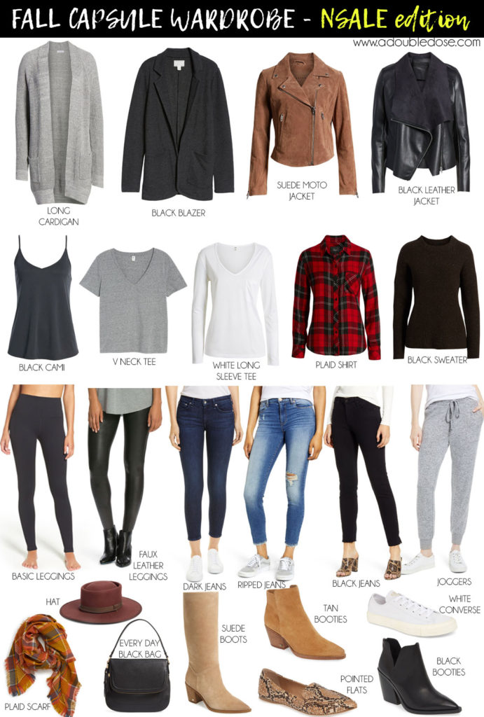 lifestyle and fashion bloggers alexis and samantha belbel of adoubledose.com share their fall capsule wardrobe ideas featuring items from the 2019 Nordstrom Anniversary Sale like leather jackets, plaid shirts, jeans, and booties.