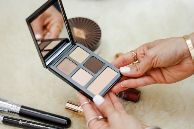 lifestyle and fashion blogger samantha belbel of a double dose sharing her favorite luminous makeup products from nordstrom including this Bobbi Brown eyeshadow palette, charlotte tilbury matte lipstick, charlotte tilburry genius magic powder, and charlotte tilbury magic away concealer 
