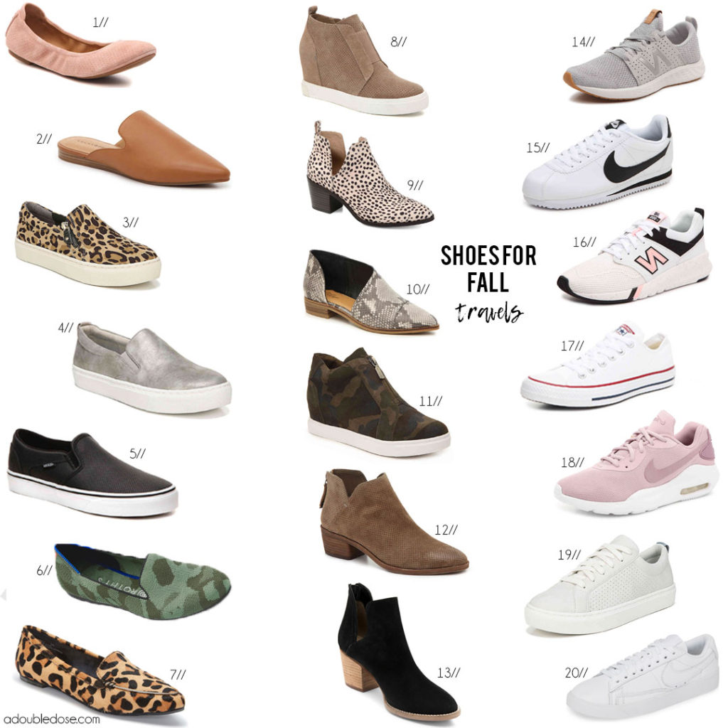 fashion and lifestyle bloggers of a double dose share their favorite shoes for fall traveling ranging from ballet flats, sneakers, booties, slip on sneakers, and loafers 