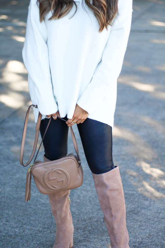 lifestyle and fashion blogger, samantha belbel wearing free people tunic sweater, spanx faux leather leggings, gucci soho disco bag, suede sam edelman boots all from Nordstrom