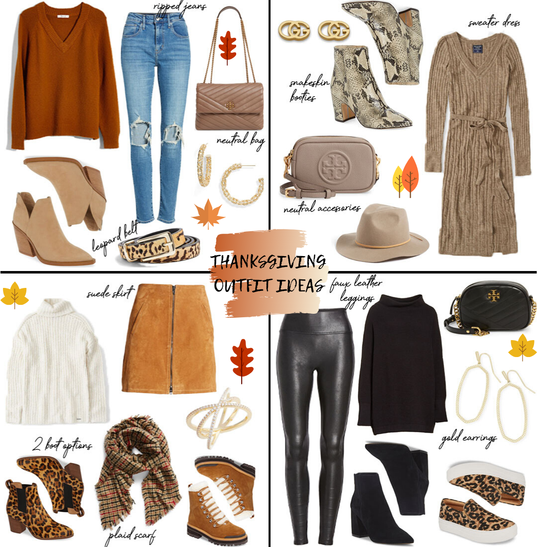 lifestyle and fashion blogger alexis belbel sharing four thanksgiving outfit ideas for fall 2019 whether you are dressing up in a sweater dress with boots or a suede skirt, or more casual in spanx faux leather leggings or ripped levis jeans | adoubledose.com