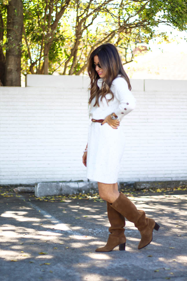 lifestyle and fashion blogger samantha belbel wearing an ivory sweater dress from walmart with a tan belt and some knee high suede tan boots | adoubledose.com