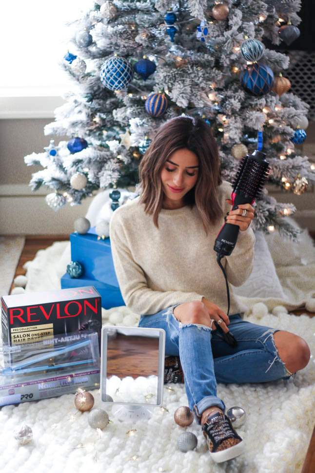 a double dose blog sharing holiday gifts for hair lovers: revlon brush hair dryer, babyliss hair straightener, mirror with speaker all from Walmart | adoubledose.com