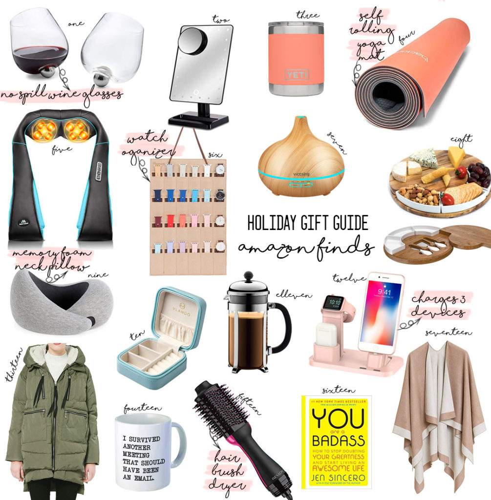a double dose blog sharing holiday gifts from amazon prime: neck massager, yeti cup, diffuser, wine glasses, cheese board, yoga mat, french press coffee maker