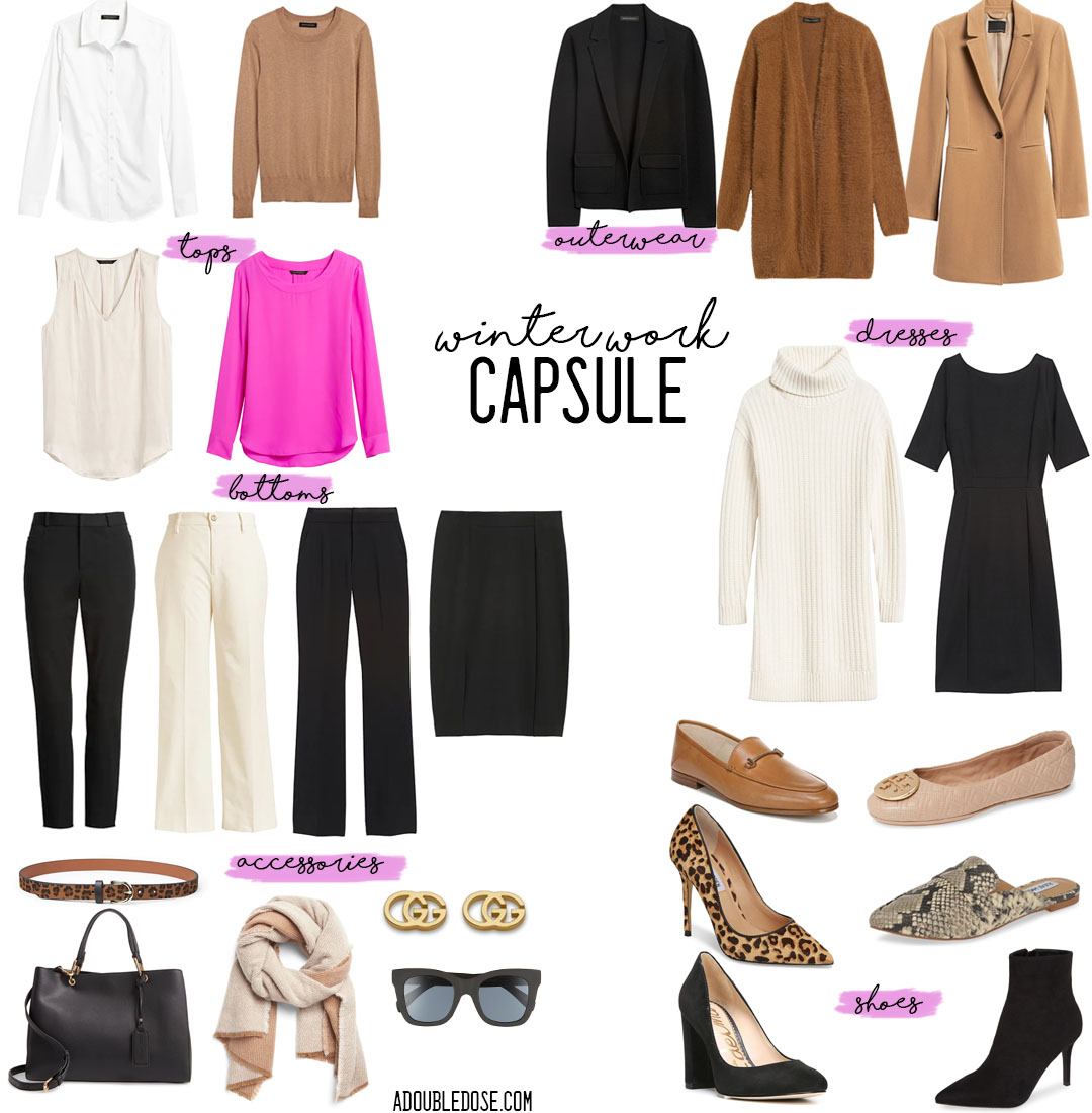 winter capsule for work 2019: a double dose sharing their workwear capsule favorites for winter: sweaters, blouses, dress pants, cardigan, blazer, work dress, heels and flats | adoubledose.com