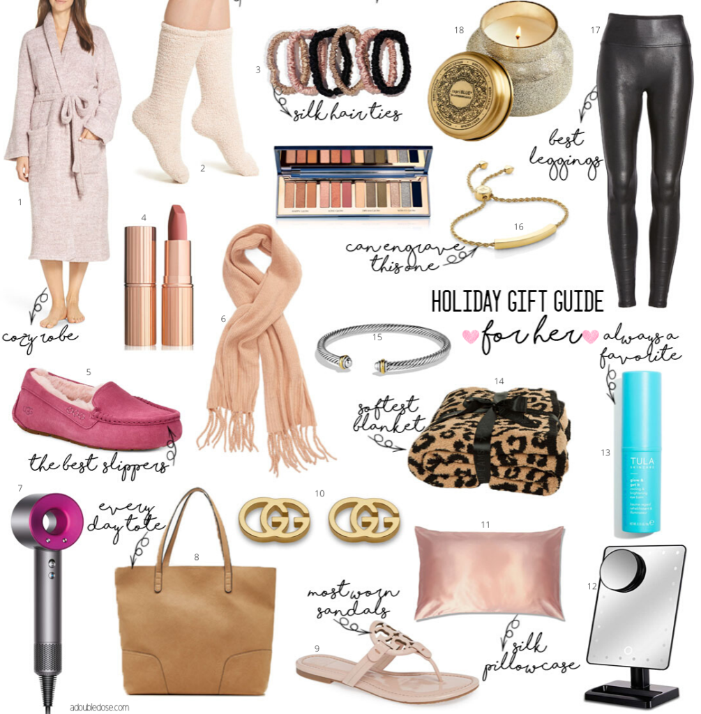 a double dose blog sharing holiday gifts for her for 2019: cozy ugg robe, capri blue candle, spanx faux leather leggings, david yurman bracelet, tula eye balm, barefoot dreams throw blanket, silk pillowcase, ugg slippers, dyson hair dryer 