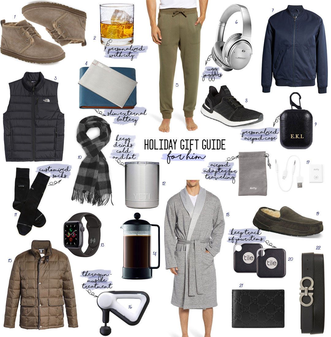 a double dose blog sharing holiday gifts for him: patagonia jacket, north face vest, ugg slippers, ugg robe, ugg joggers, yeti cup, french press, theragun, cashmere scarf, airpod case, noise cancelling headphones | adoubledose.com