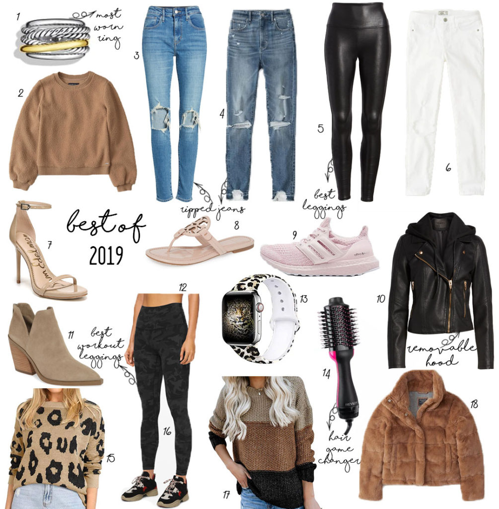lifestyle and fashion blogger alexis and samantha belbel sharing our favorite pieces from 2019:  david yurman cable ring, ripped jeans from abercrombie,faux leather jacket from blanknyc nordstrom, vince camuto booties, leopard sweater from amazon, spanx faux leather leggings, tory burch miller sandal | adoubledose.com