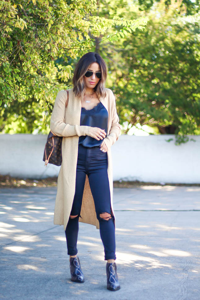 lifestyle and fashion blogger alexis belbel wearing neutral cardigan, black lace cami, ripped black jeans and snakeskin vince camuto booties all from Nordstrom   | adoubledose.com