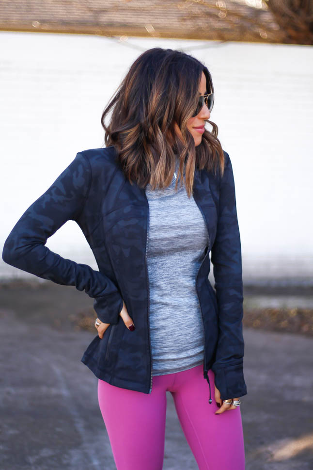 lifestyle and fashion blogger alexis belbel wearing lululemon rose align crops with long sleeve swift crew top in grey and apl sneakers and camo grey lululemon define jacket   | adoubledose.com