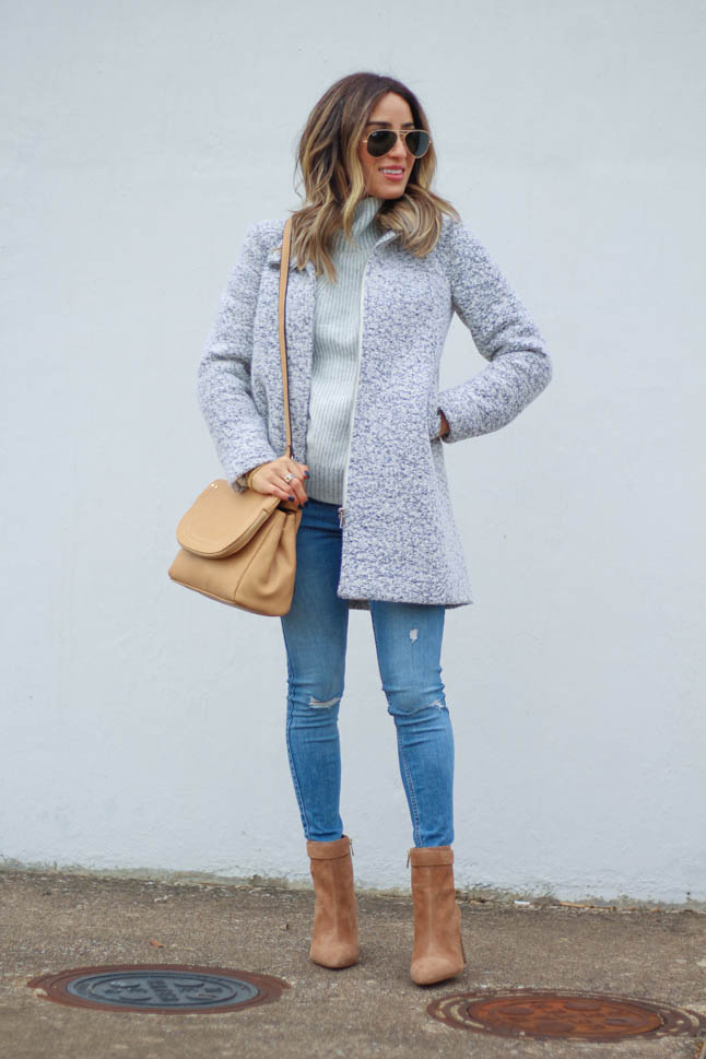 lifestyle and fashion blogger alexis belbel wearing tan suede pointed boots and neutral/camel color satchel crossbody bag from Sole Society with a grey coat, grey sweater from nordstrom topshop, hollister skinny jeans  | adoubledose.com