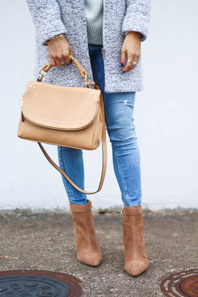 lifestyle and fashion blogger alexis belbel wearing tan suede pointed boots and neutral/camel color satchel crossbody bag from Sole Society with a grey coat, grey sweater from nordstrom topshop, hollister skinny jeans  | adoubledose.com