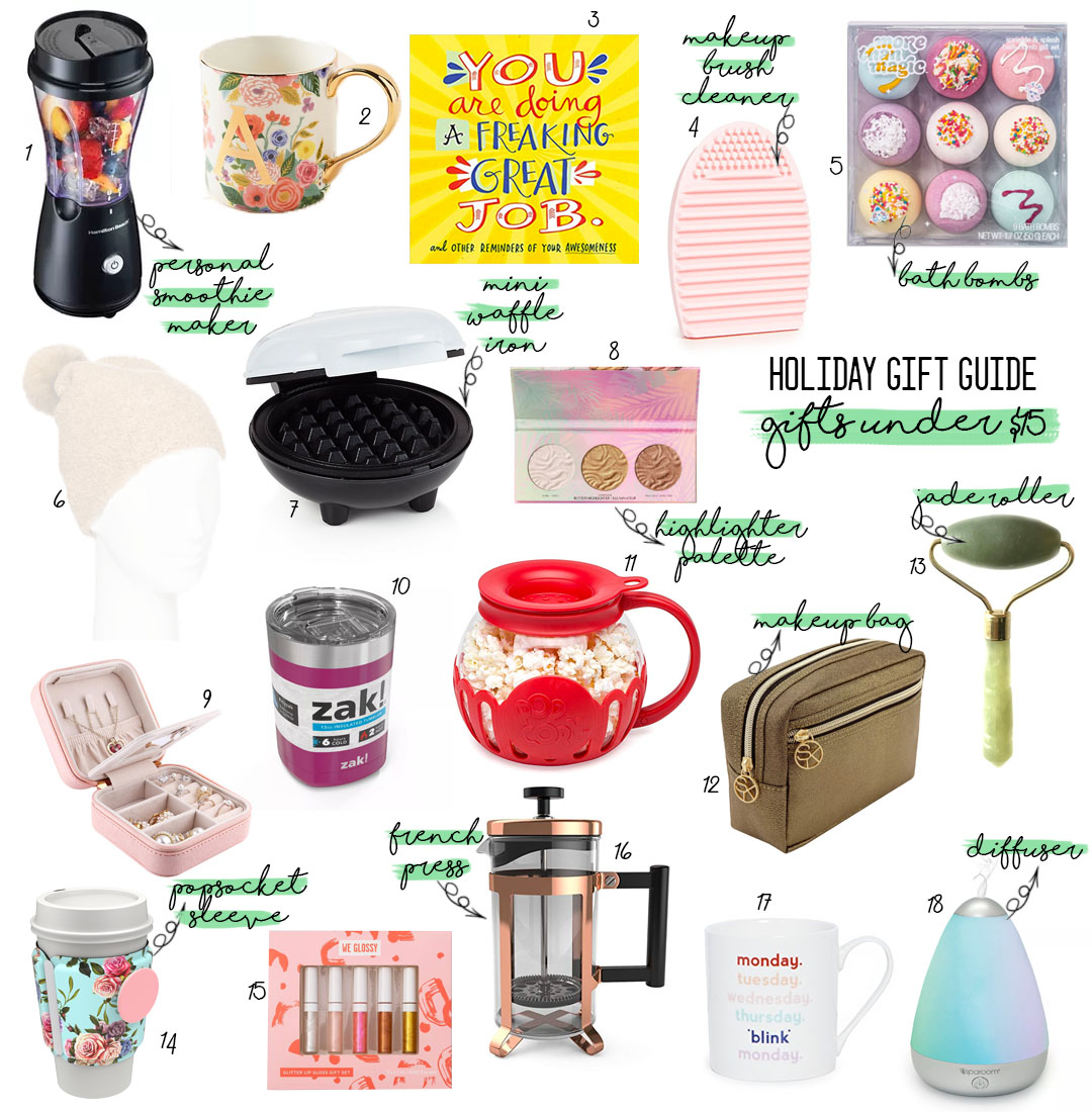 a double dose blog sharing holiday gifts under $15: popcorn maker, smoothie blender, bath bombs, jewelry organizer, french press, diffuser, makeup bag | adoubledose.com