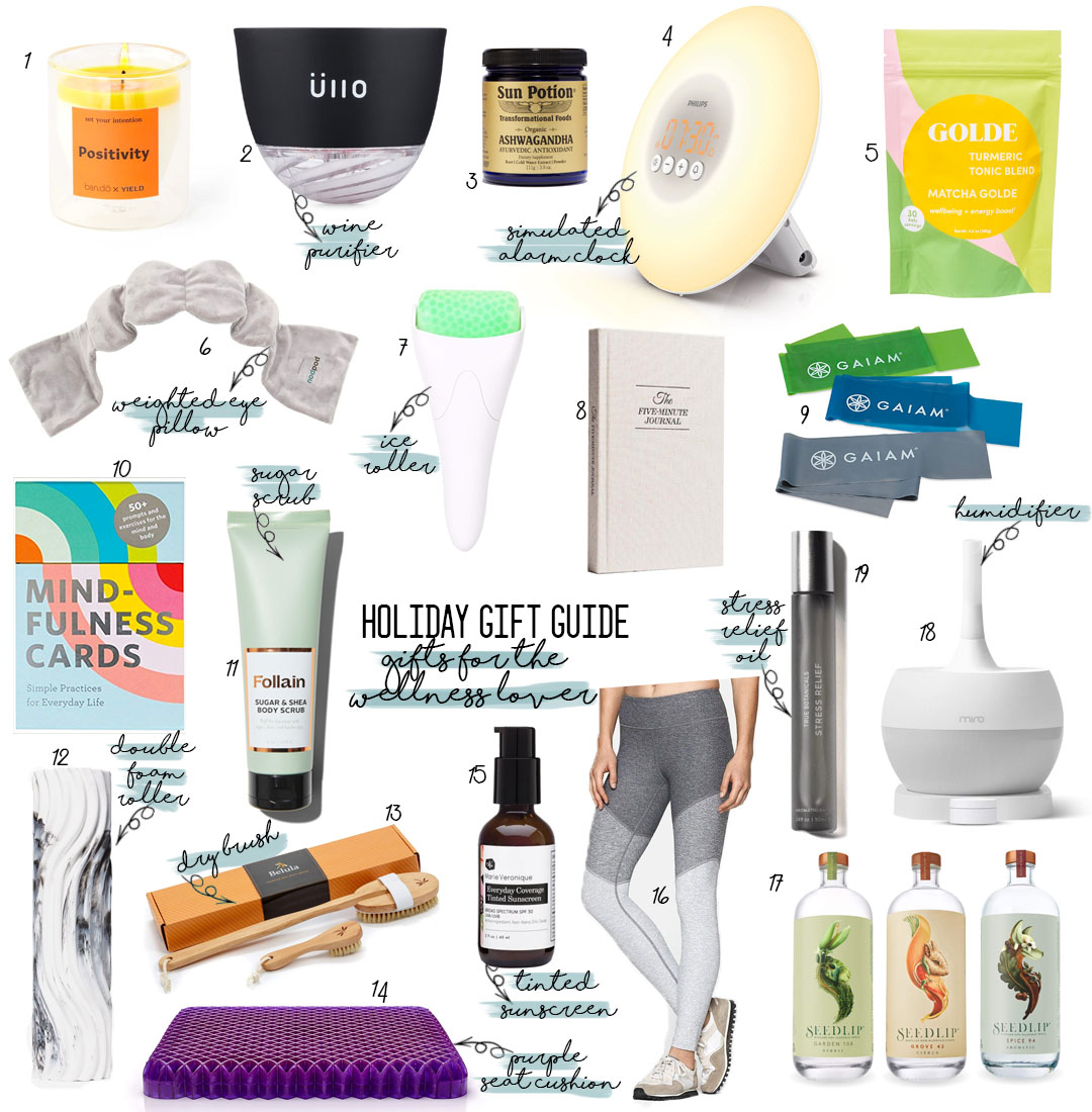a double dose blog sharing holiday gifts for the wellness lover: simulating alarm clock, wine purifier, purple seat cushion, humidifier, dry brush kit, foam roller, ice roller| adoubledose.com