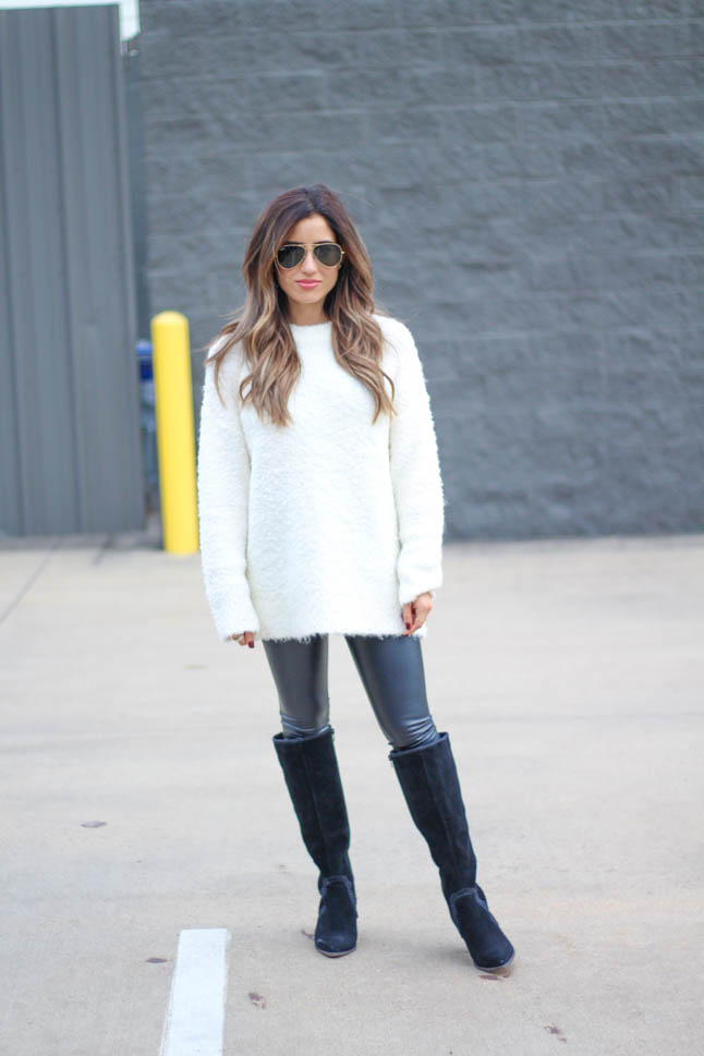 lifestyle and fashion blogger alexis belbel wearing a fuzzy ivory sweater with spanx faux leather leggings and black suede boots all from Nordstrom | adoubledose.com