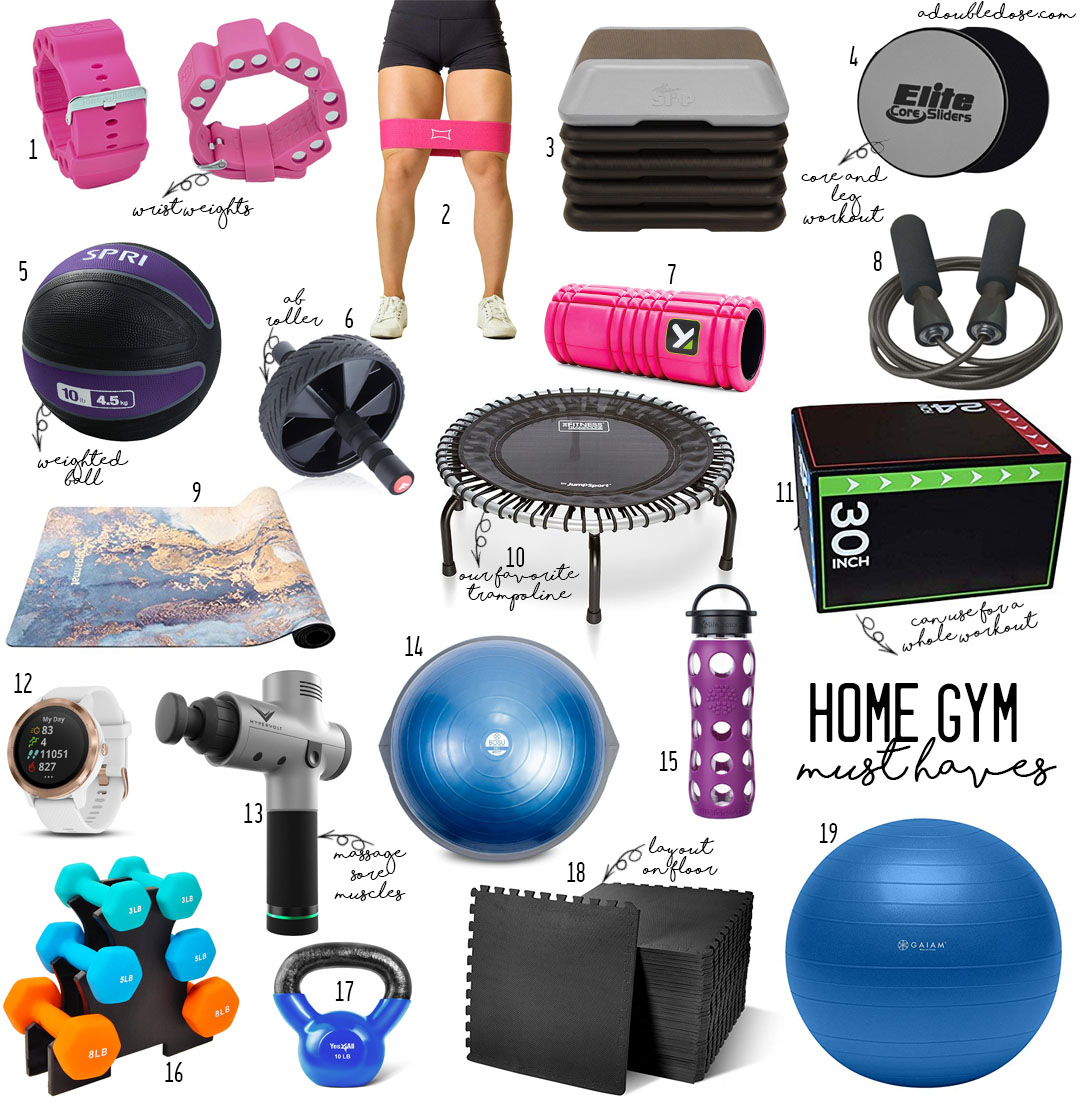 lifestyle and fashion blogger alexis belbel sharing home gym must haves like dumbbells, resistance bands, jump rope, sliders, ab roller, yoga mat, and more | adoubledose.com