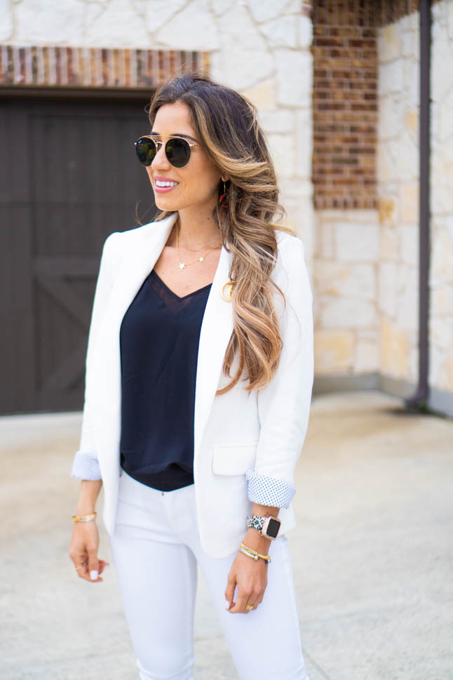 lifestyle and fashion blogger samantha belbel wearing gibson white blazer with a black mesh camisole, white topshop jeans, and sam edelman suede sandals all from nordstrom sharing valentines day gift ideas | adoubledose.com