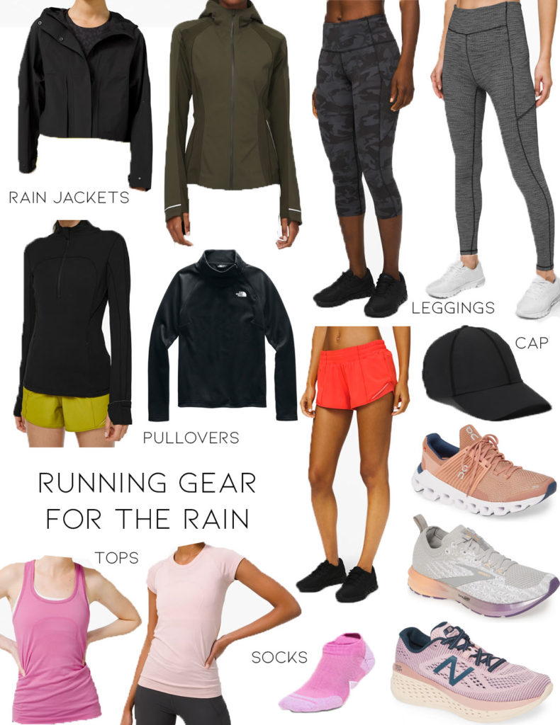 lifestyle and fashion blogger alexis belbel sharing running gear for the rain for her: rain jackets from lululemon, cropped leggings, shorts, running sneakers from brooks, new balalnce, and tops for running | adoubledose.com
