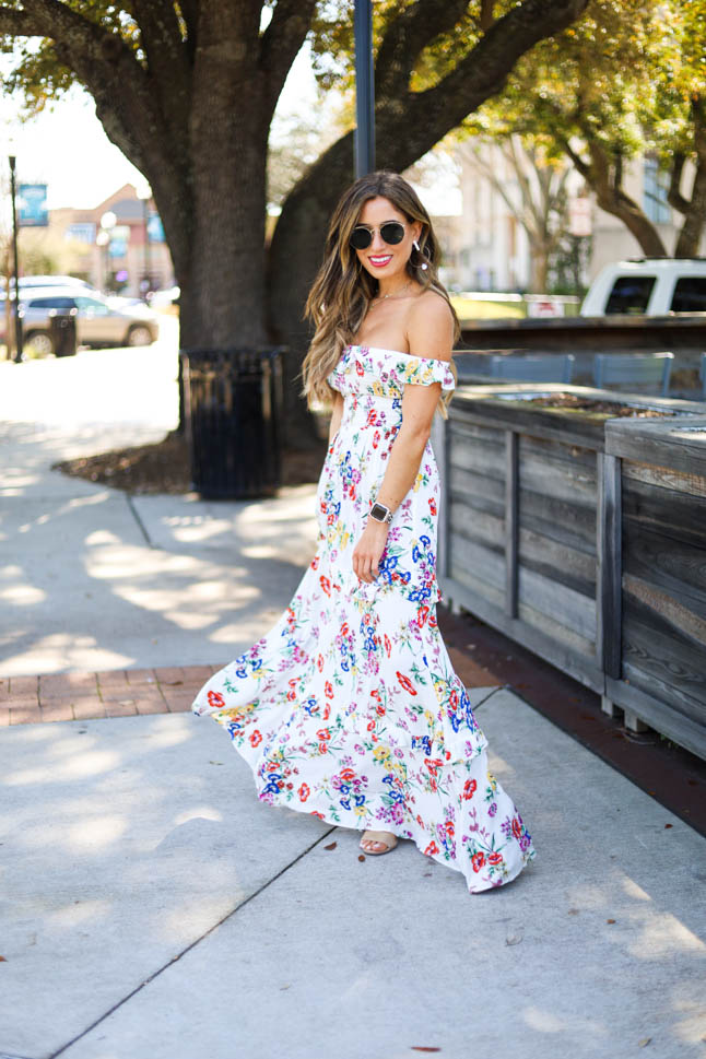 lifestyle and fashion blogger samantha belbel sharing 20 things you can do at home besides watching tv, wearing a floral off shoulder maxi dress from express with gold hoop earrings from express | adoubledose.com