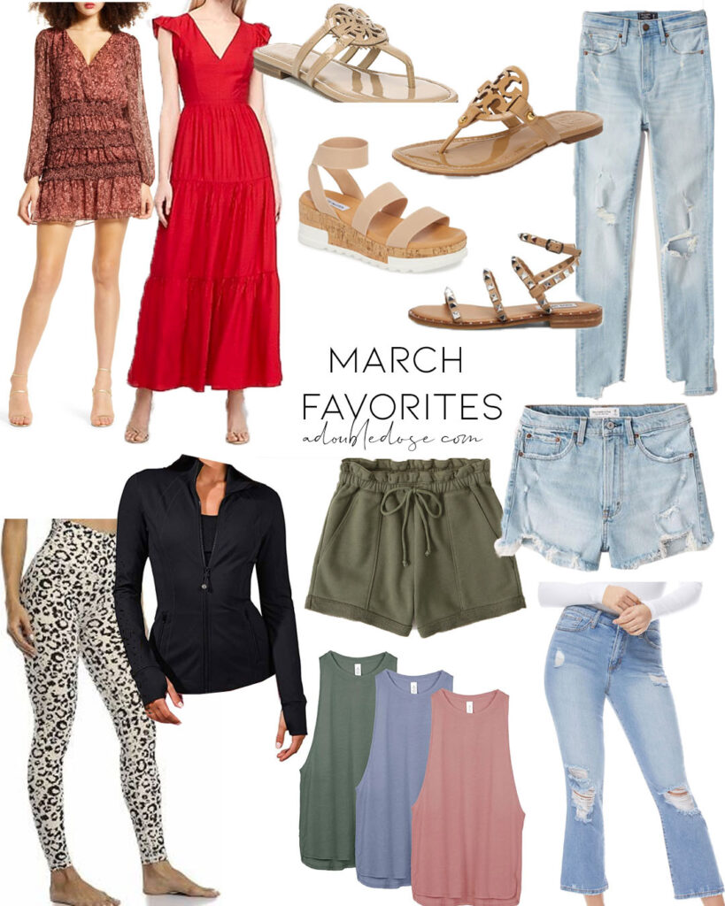 lifestyle and fashion blogger alexis belbel sharing her march favorites in shoes and clothing: dresses, maxi dresses, denim shorts from abercrombie, amazon activewear, studded sandals steve madden | adoubledose.com