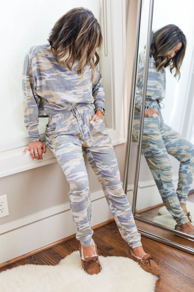 lifestyle and fashion blogger alexis belbel sharing a camo lounge set from Express with other loungewear to wear to work from home during quarantine | adoubledose.com