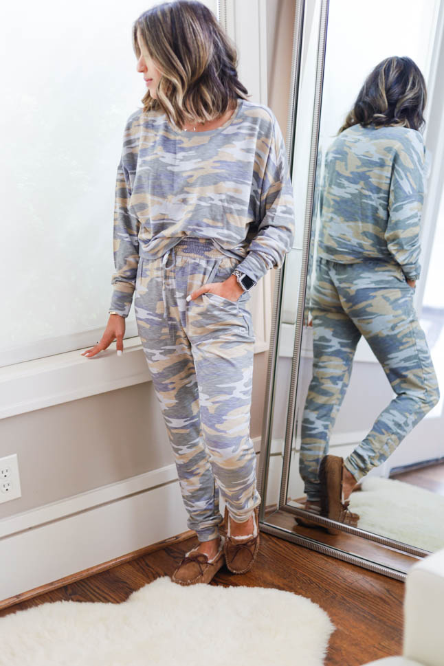 lifestyle and fashion blogger alexis belbel sharing a camo lounge set from Express with other loungewear to wear to work from home during quarantine | adoubledose.com
