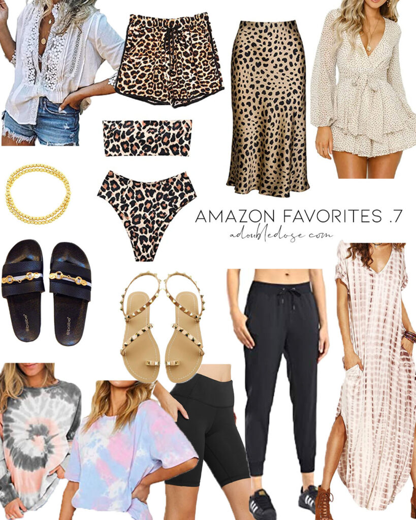 lifestyle and fashion blogger alexis belbel sharing amazon favorites like leopard bikini, black joggers, tie dye tee, tie dye maxi dress, studded sandals and more | adoubledose.com