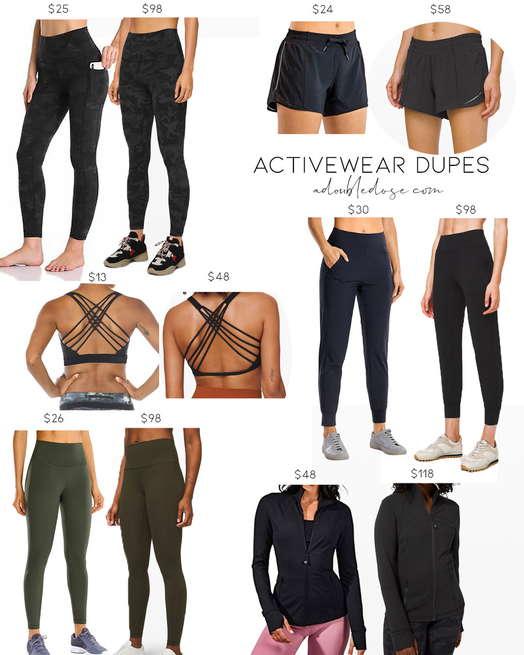 lifestyle and fashion blogger alexis belbel sharing her favorite lululemon pieces for working out and running: free to be bra, align leggings, align joggers, wunder under leggings, hotty hot shorts and amazon dupe save options | adoubledose.com