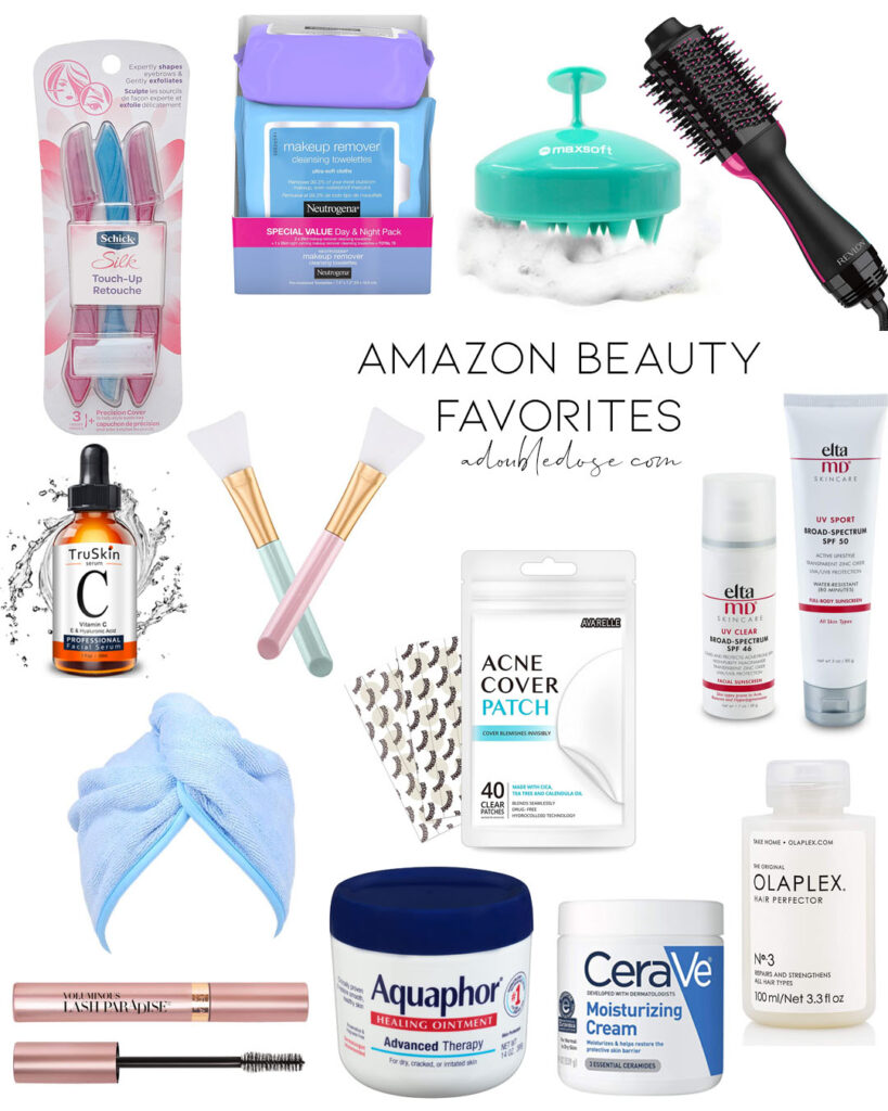 lifestyle and fashion blogger alexis belbel sharing her favorite amazon beauty purchases: neutrogena makeup remover wipes, eltaMD sunscreen, scalp massager, zit stickers | adoubledose.com