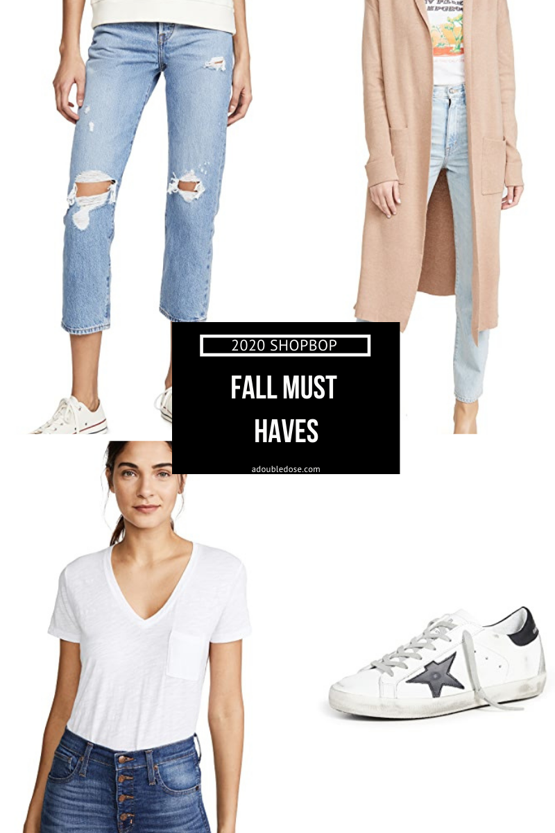 lifestyle and fashion bloggers alexis and samantha belbel sharing their fall must haves from shopbop including goldgen goose sneakers, levis jeans, bodysuits, v neck tees and more