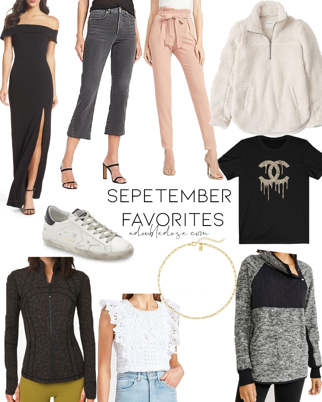 lifestyle and fashion blogger alexis belbel sharing her august favorites including chanel graphic tee, black cocktail dress, abercrombie fleece pullover, express flare jeans and more | adoubledose.com