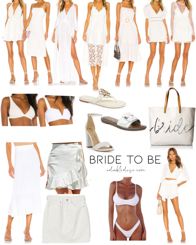 lifestyle and fashion blogger alexis belbel sharing some white bride to be options in dresses, shoes, bikini, skirts, and more| adoubledose.com