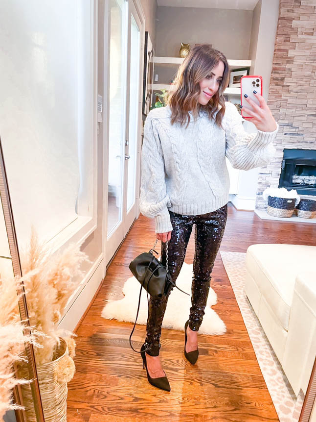 lifestyle and fashion bloggers alexis and samantha belbel share their favorite holiday and sequin looks from express featuring sequin leggings, chunky knit sweaters, faux leather leggings and more | adoubledose.com
