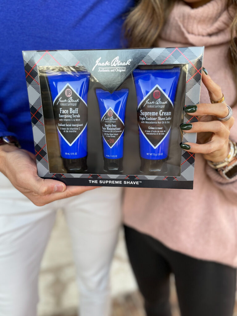 lifestyle and fashion blogger samantha belbel shares a men's gift idea from Nordstrom: Jack Black men's shaving kit that is perfect for any man in your life. Wearing spanx faux leather leggings with pink tunic sweater and combat boots.